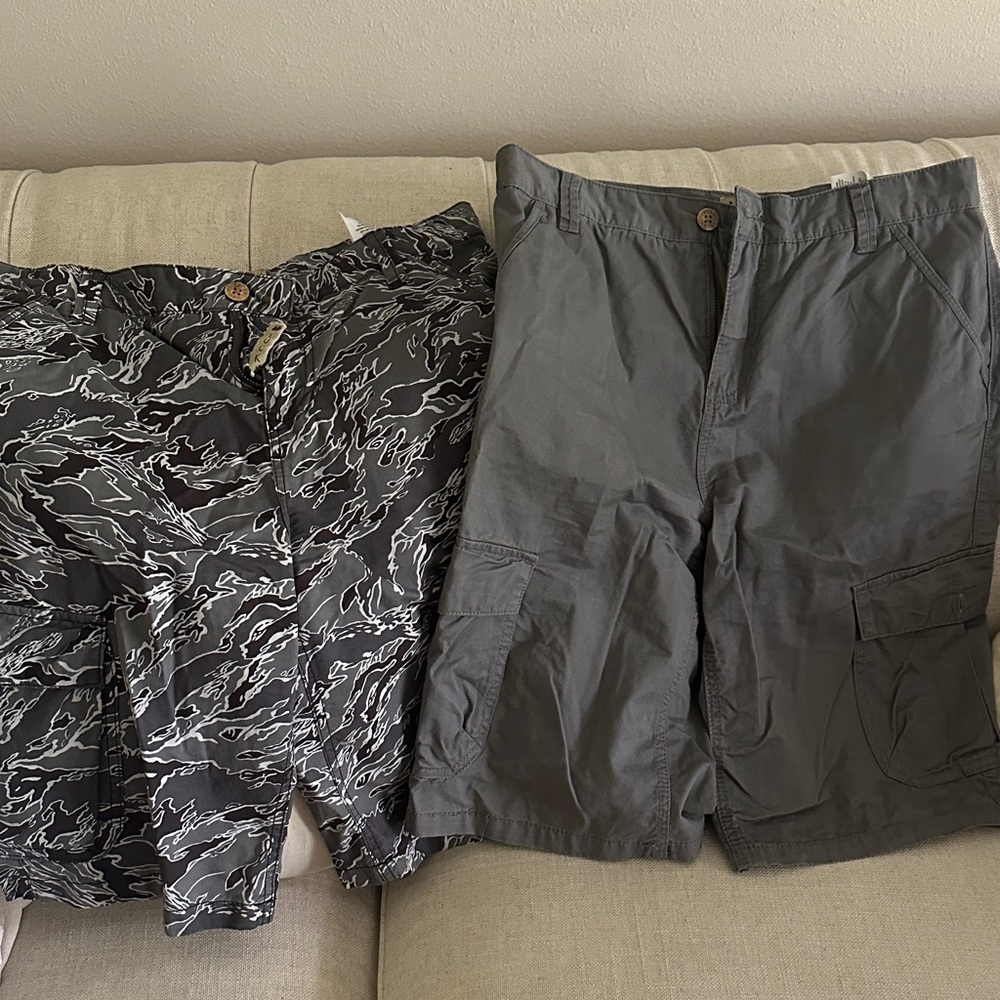 Lucky Brand Black and Gray boys Cargo Shorts and solid gray cargo shorts.
